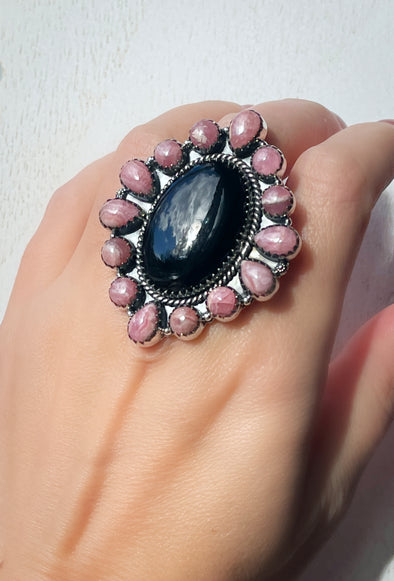 Sterling Silver Black Onyx/Rhodonite Custom Cluster Ring