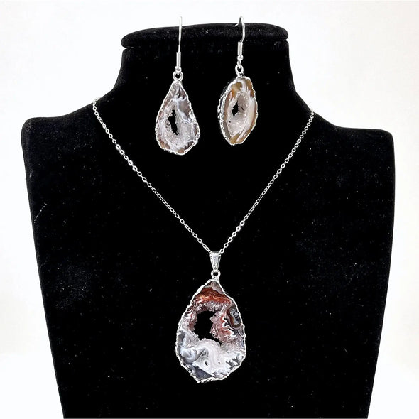 Agate Druzy Slice Pendant and Earring Set with Silver Electroplated Edge