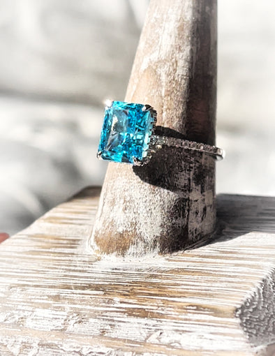 Sterling Silver Crystal Blue Pave Ring