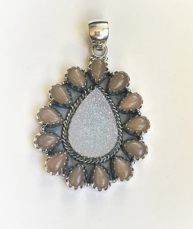 Sterling Silver Aurora Druzy/Chocolate Moonstone Teardrop Pendant