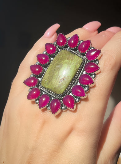 Sterling Silver Gaspeite/Pink Onyx Cluster Ring