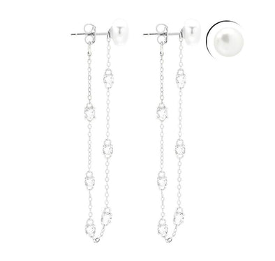 Sterling Silver Pearl CZ Chain Earrings