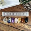 Selenite Charging Plate Engraved with 7 Chakra Symbols - 8" Stick