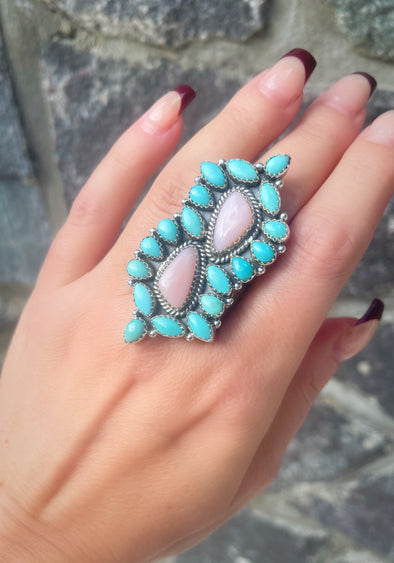 Sterling Silver Pink Opal/Turquoise Double Cluster Rings