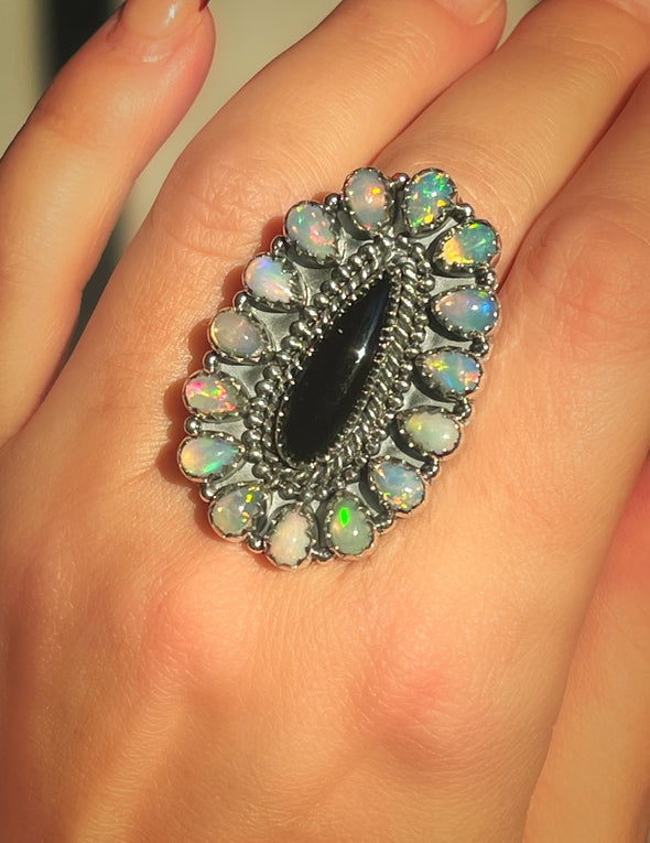 Sterling Silver Black Onyx/Ethiopian Opal Cluster Ring