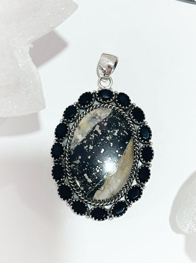 Sterling Silver Slate Pyrite/Faceted Onyx Oval Cluster Pendant