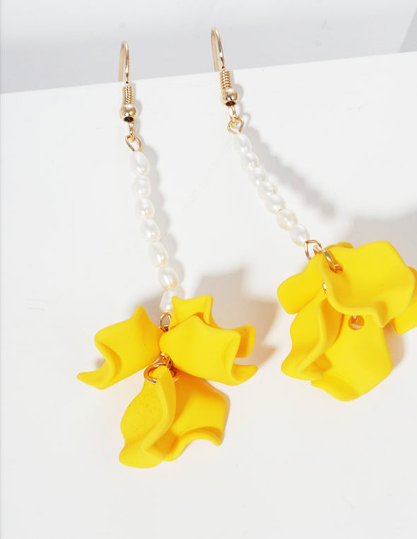 Glass Pearl Fish Hook Dangle Drop Earrings with Petals