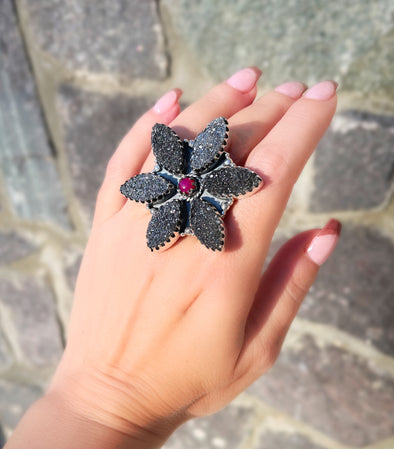 Sterling Silver Black Druzy Pink Onyx Custom Ring