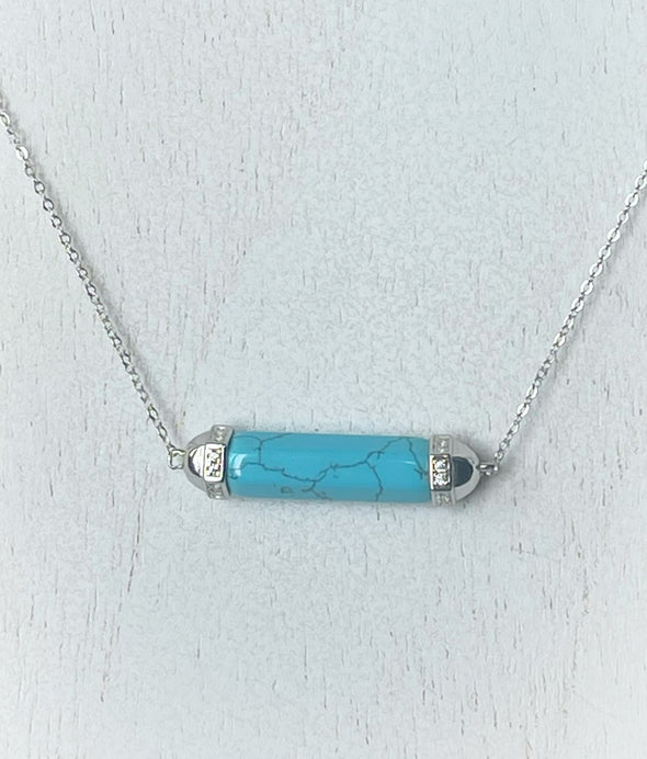 STERLING SILVER RHODIUM BLUE HOWLITE BAR NECKLACE