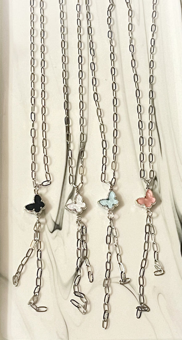 Silver Butterfly Lariat Chain Link Magnetic Closure Necklaces