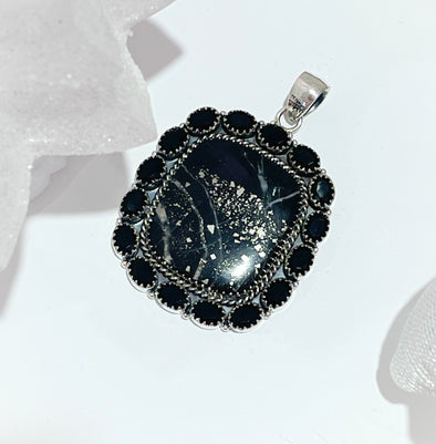 Sterling Silver Slate Pyrite/Faceted Onyx Rect Cluster Pendant