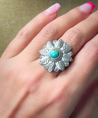 STERLING SILVER TURQUOISE ARTISAN BOHO FLOWER RING