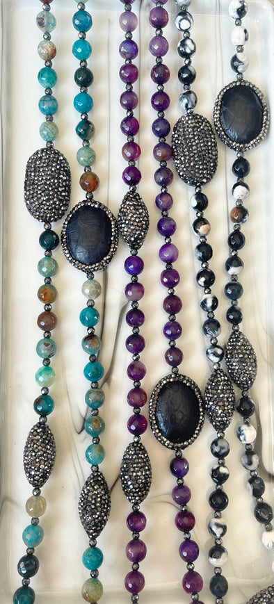 Pave Long Natural Stone Beaded Long Necklace
