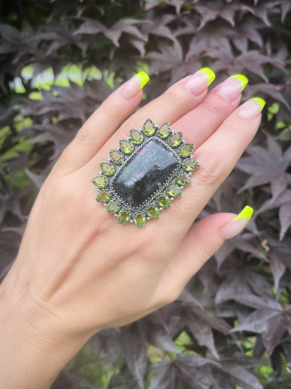 Sterling Silver Eudialyte Peridot Cluster Ring