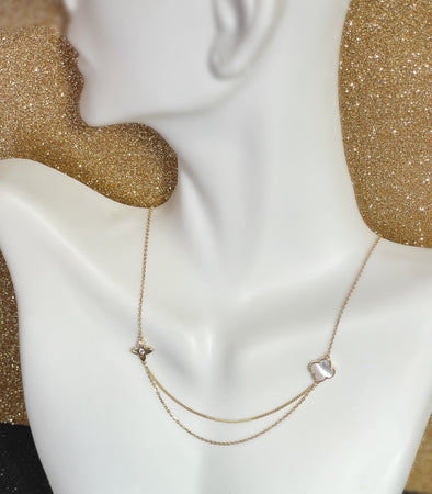 Sterling Silver 14k Gold Overlay Clover Double Strand Drop Necklace