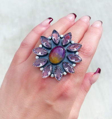 Sterling Silver Pink/Solar Quartz Cluster Ring