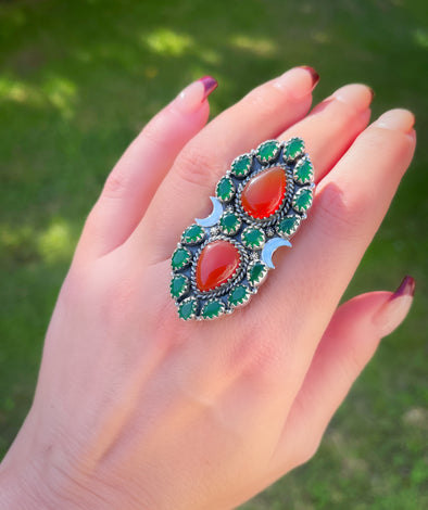 Sterling Silver Double Stone Crawler CARNELIAN WITH FACETED GREEN Quartz