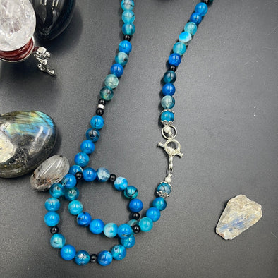 Blue Dragon Vein Agate Beaded Necklace Bracelet Set 24”