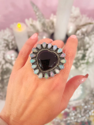 Sterling Silver Black Onyx/Opal Heart Cluster Ring