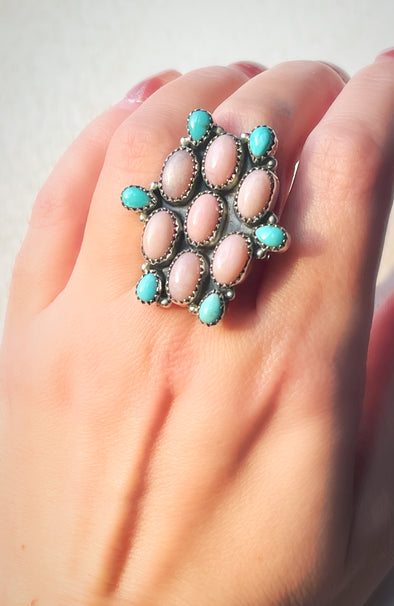 Sterling Silver Pink Opal/Turquoise Mini Cluster Ring