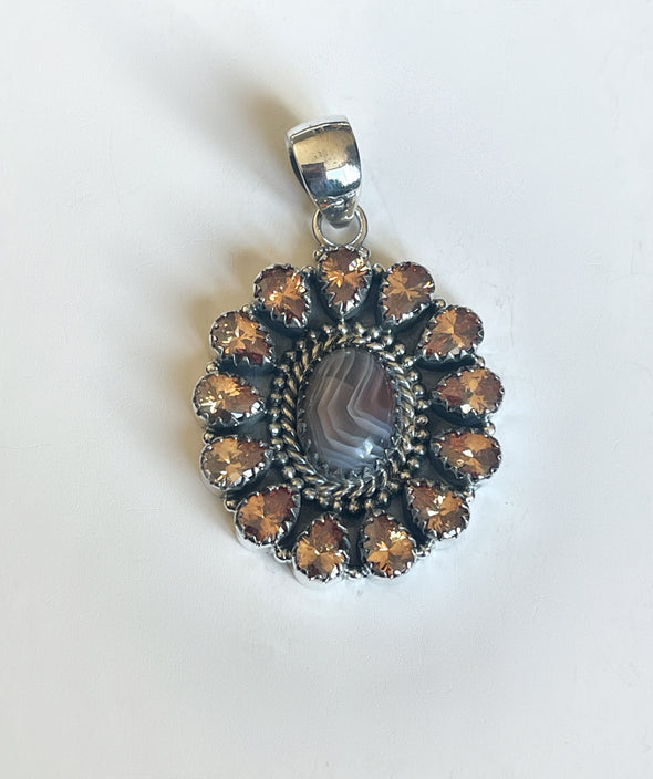 Sterling Silver Botswana Agate Champagne Crystal Custom Pendant