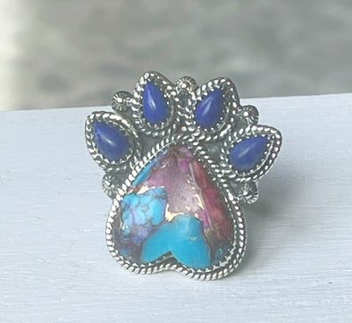 Sterling Silver Hot Pink Copper Turquoise Lapis Paw Ring