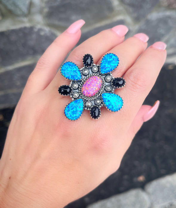 Sterling Silver Pink/Blue Opal Onyx Custom Cluster Ring