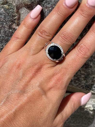 Sterling Silver Custom Black Onyx Dome Diamond Cut Ring