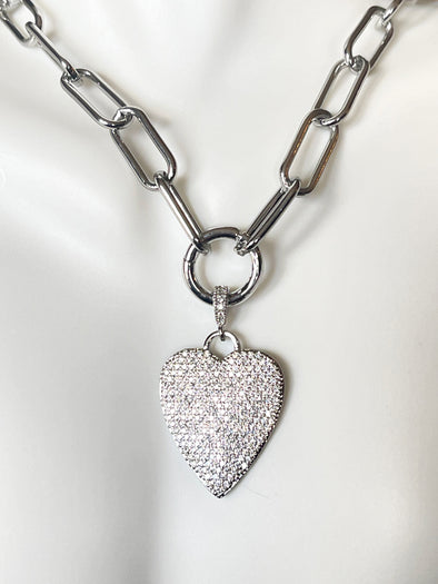 Pave Long Silver Heart Circle Chain Link Neck