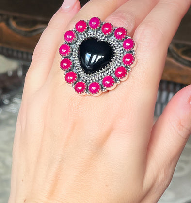 Sterling Silver Black/Pink Onyx Heart Cluster Ring