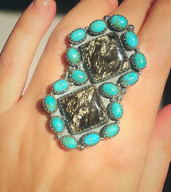 Sterling Silver Seraphinite/Turquoise Double Cluster Ring