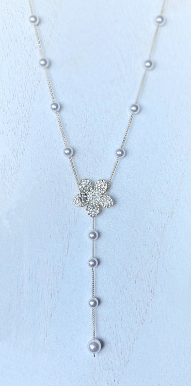 Pave Gold Pearl Flower Lariat Necklace
