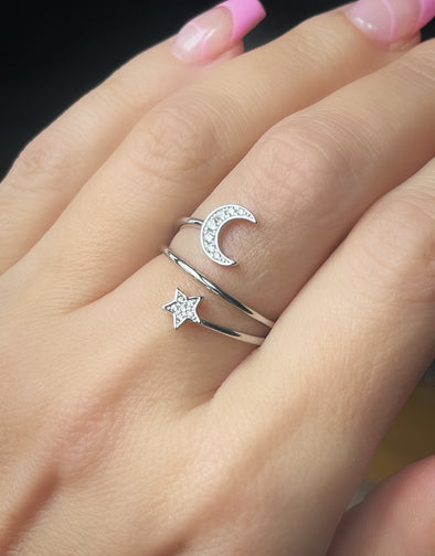 STERLING SILVER RHODIUM BOHO CRESCENT STAR WRAP RING