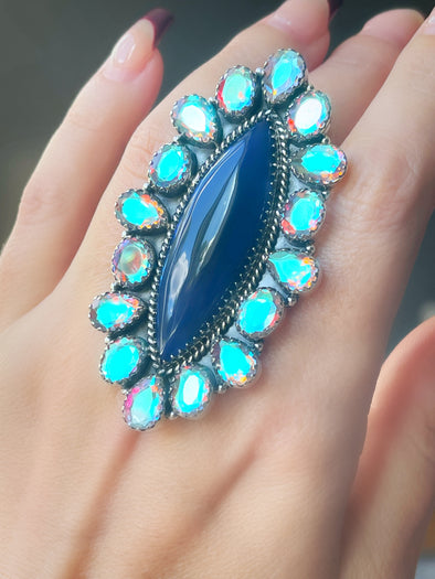 Sterling Silver Blue Onyx/Angel Aura Crystal Cluster Rings