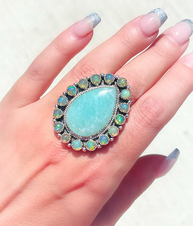 STERLING SILVER ETHIOPIAN OPAL AMAZONITE CLUSTER RINGS