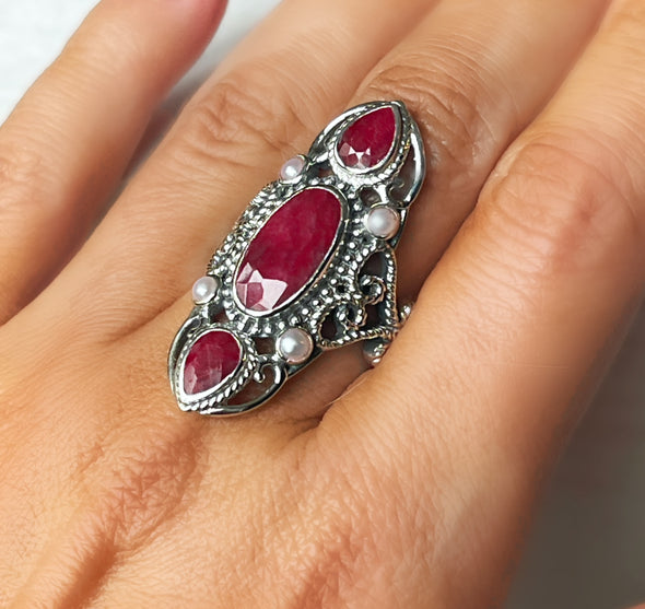 Sterling Silver Artisan Custom Ruby Beryl Pearl Ring