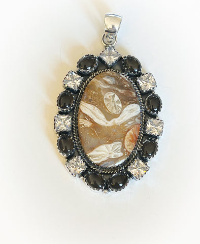 Sterling Silver Fossil Agate/Smokey/White Topaz Custom Pendant