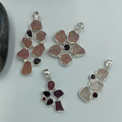 Sterling Silver Raw Pink Opal Garnet Pendant Necklace