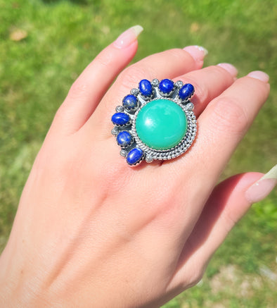 Sterling Silver Chrysoprase Lapis Mini Cluster Ring