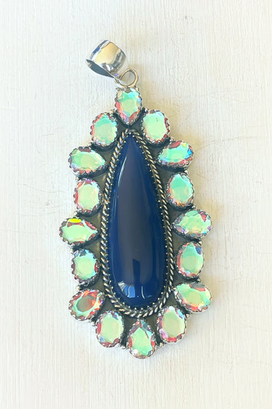 Sterling Silver Blue Onyx/Angel Aura Crystal Cluster Pendants