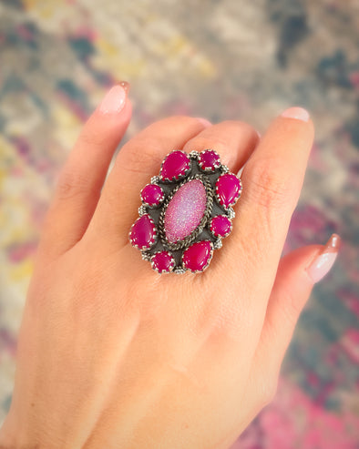 Sterling Silver Pink Druzy/Pink Onyx Cluster Ring