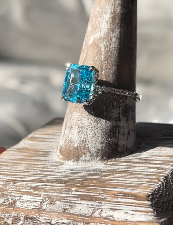 Sterling Silver Crystal Blue Pave Ring