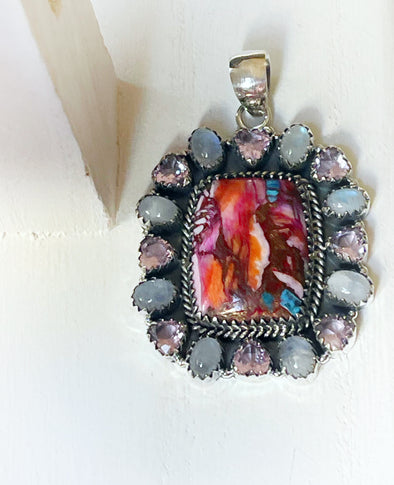 Sterling Silver Pink Dahlia/Moonstone/Pink Quartz Cluster Pendant