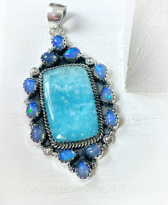 Sterling Silver Blue Argonite/Opal Cluster Pendant