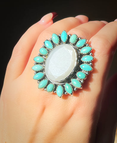 Sterling Silver Faceted Grey Moonstone Turquoise Cluster Rings