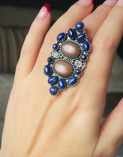 Sterling Silver Chocolate Moonstone/Lapis Cluster Ring