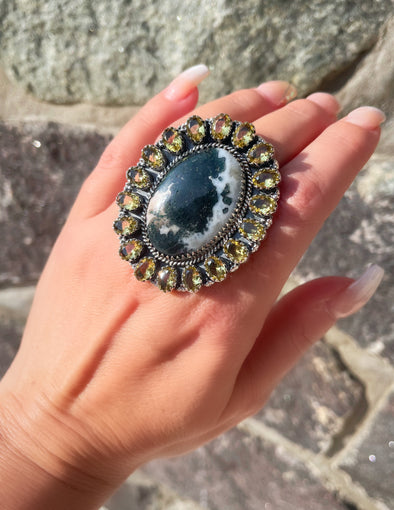 Sterling Silver Moss Agate Citrine Cluster Oval Rings