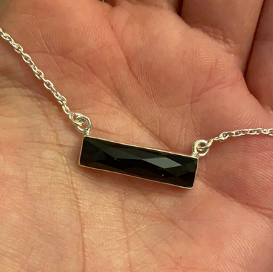 Sterling Silver Faceted Black Onyx Bar Necklace 18”