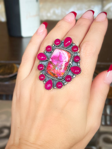 Sterling Silver Pink Mohave Turquoise/Pink Onyx Square Cluster Ring