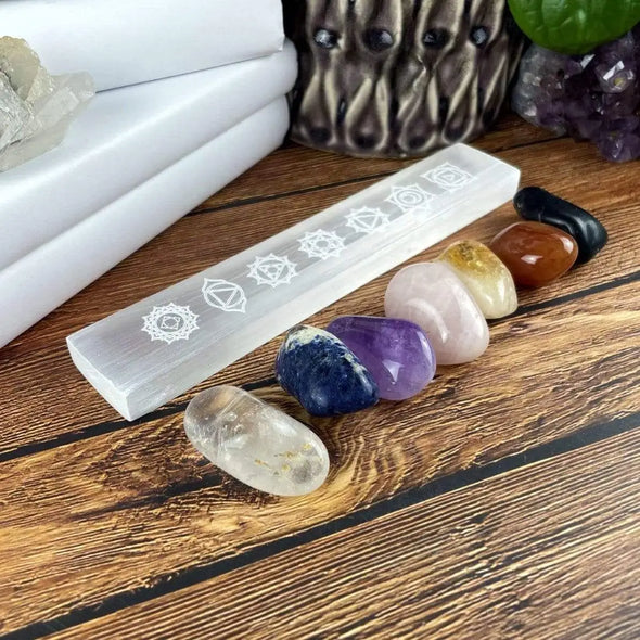 Selenite Charging Plate Engraved with 7 Chakra Symbols - 8" Stick